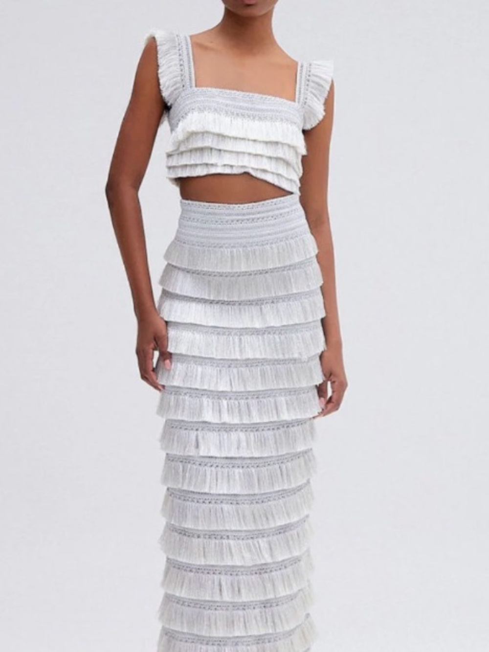 Metallic fringe cropped top and long fringe skirt by PatBO – Size 0 – Silver